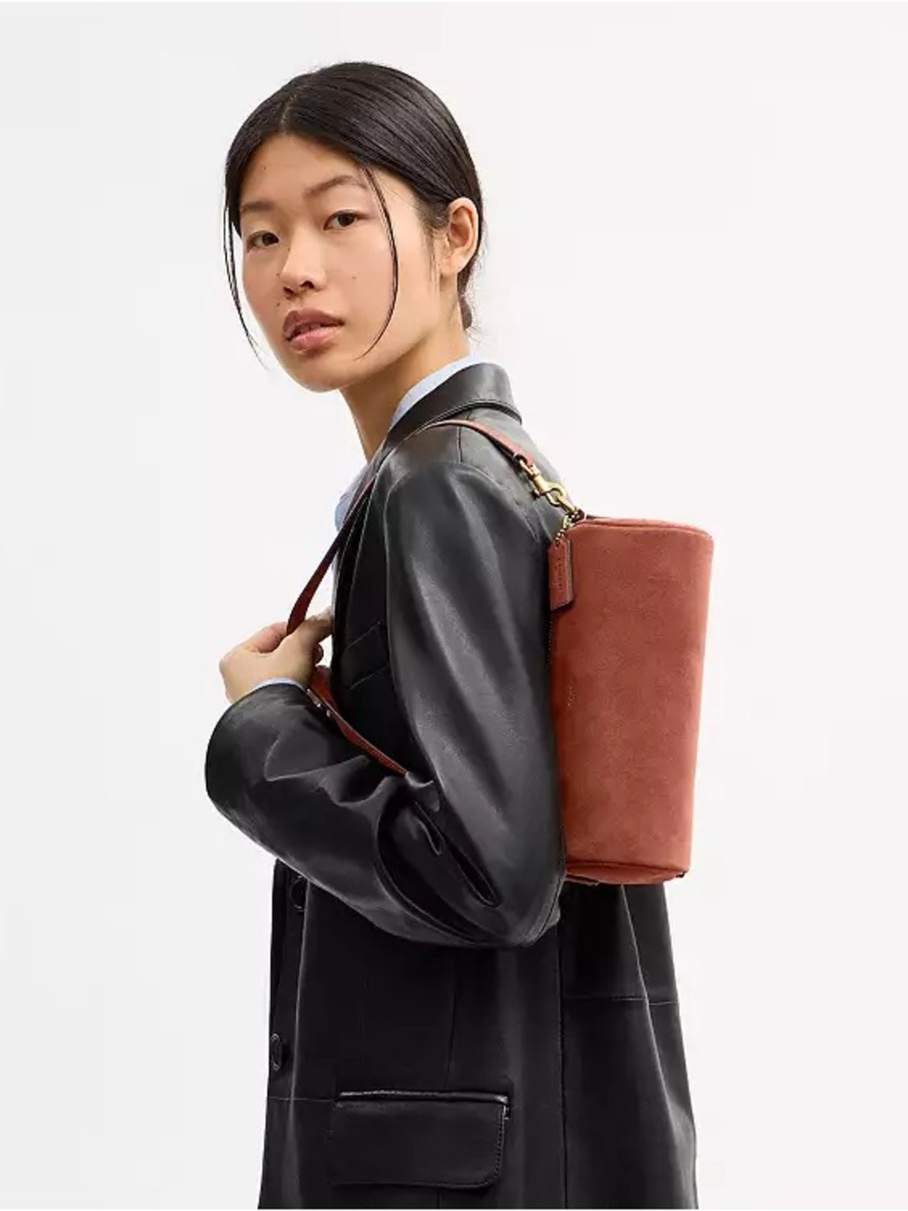 Coach Barrel Bag in Brass/Clay Orange/Brown Suede & Refined Calf Leather NWT - Picture 12 of 15